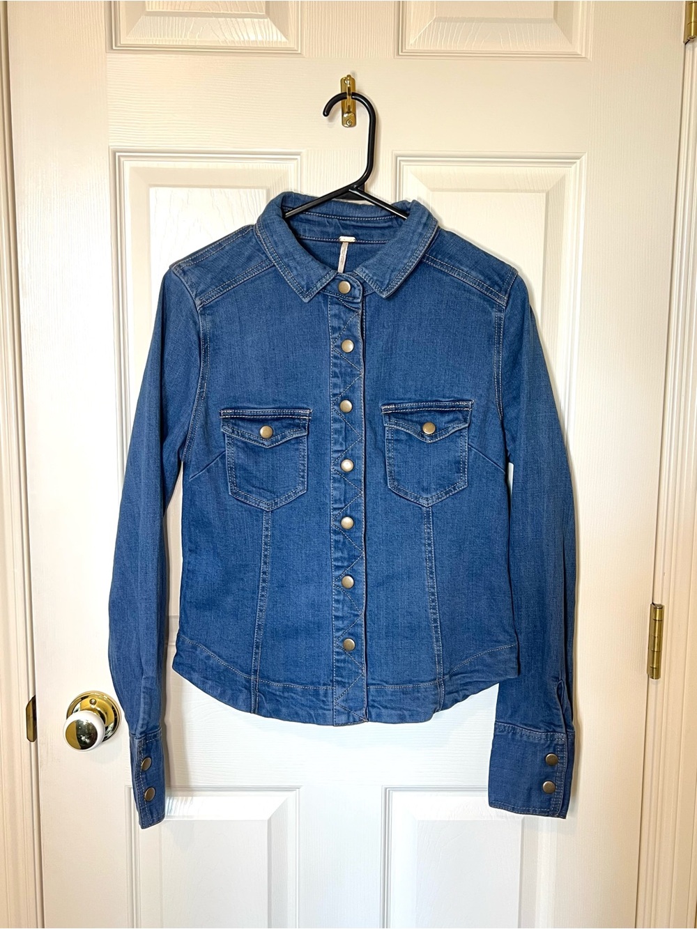 Free People Medium Wash Blue Denim Jacket with Brass Accents